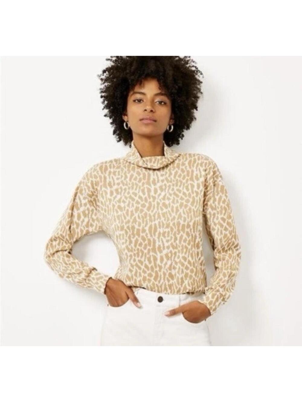 LOFT NWT Tan Cream Animal Print Spotted Mock Neck Knit Top Women’s Size XL
